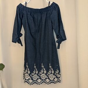 Blue Denim & White Floral Embroidery Dress by Jessica Howard